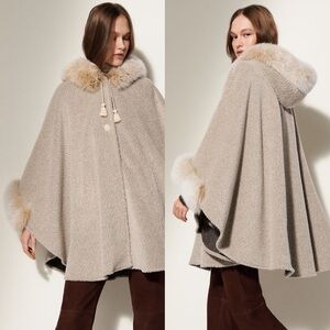 Overland Skye Hooded Alpaca Wool-Blend Cape COPY with Fur Trim - see description